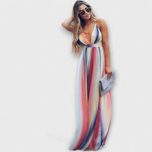 Abito da donna a righe multicolore con scollatura a V